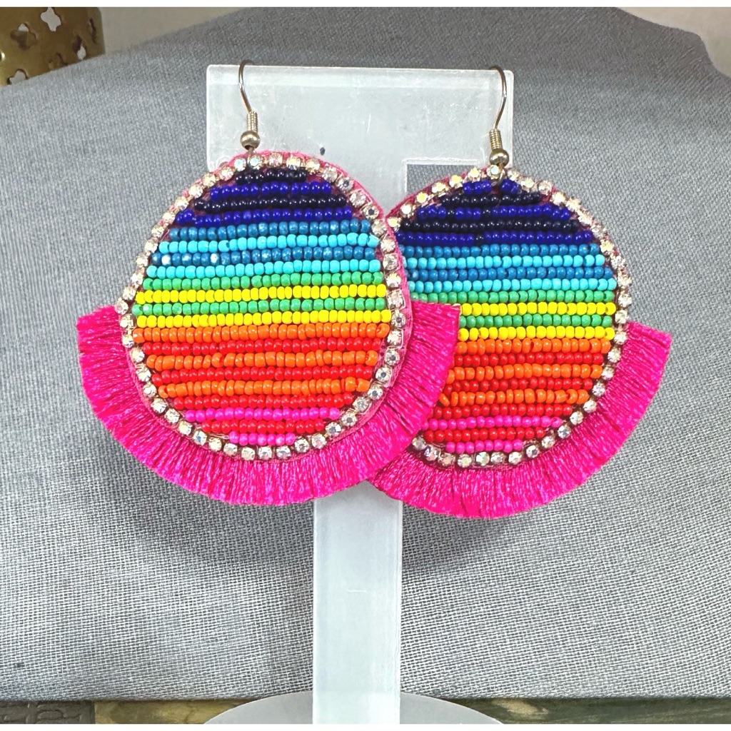 Multi Colored Beaded Round Tassel Earrings 15$